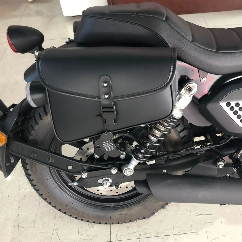 Black PU leather motorcycle swingarm saddlebag mounted on Harley Davidson Sportster