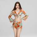 Green brown women's long-sleeve tulle bikini swimsuit set with matching skirt