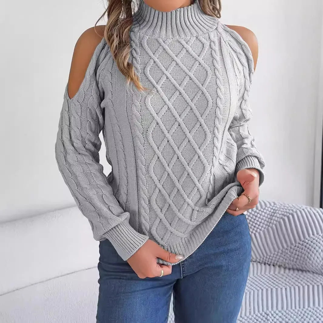 Women's twist pattern acrylic sweater with strapless half-high collar and lantern sleeves in multiple colours