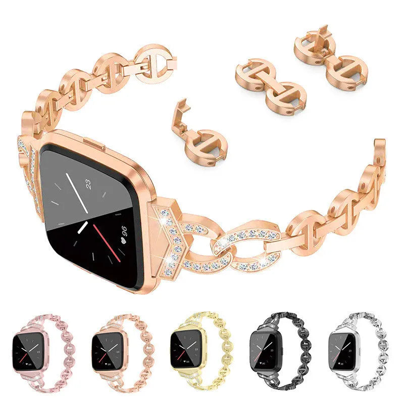 Zinc alloy metal watch strap with decorative stones for Fitbit Versa in silver finish