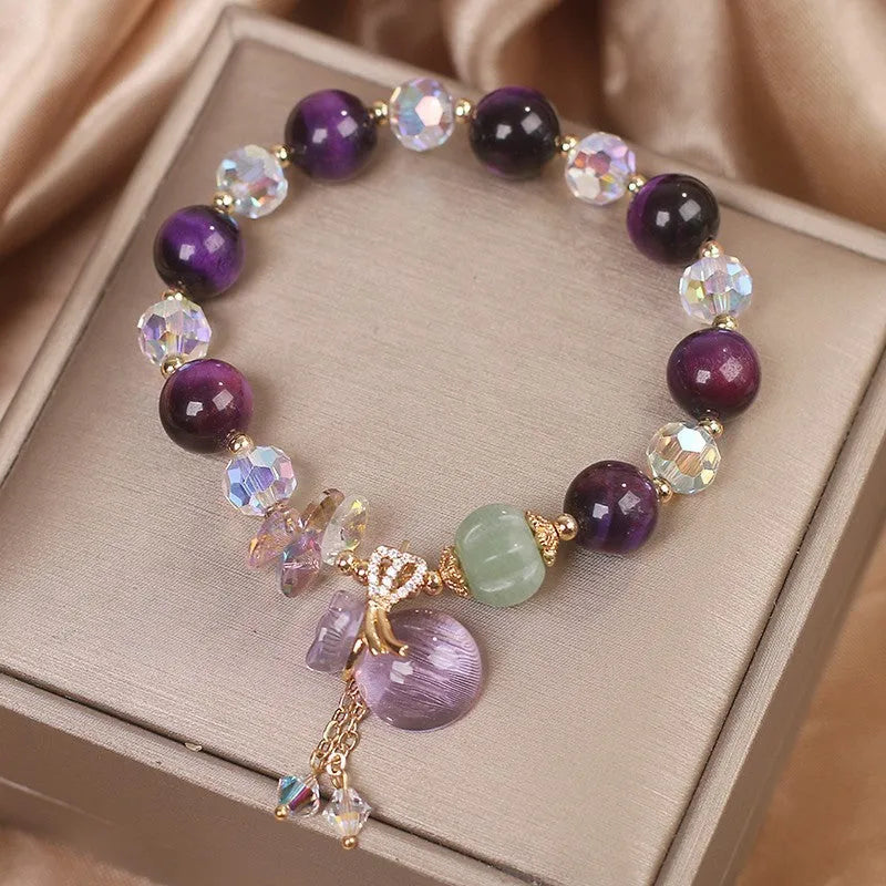 Forest style women's crystal bracelet with purple tigereye money bag pendant and rhinestone decoration