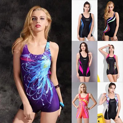 Women's quick-dry polyester one-piece swimsuit in black and blue, sleeveless conservative style