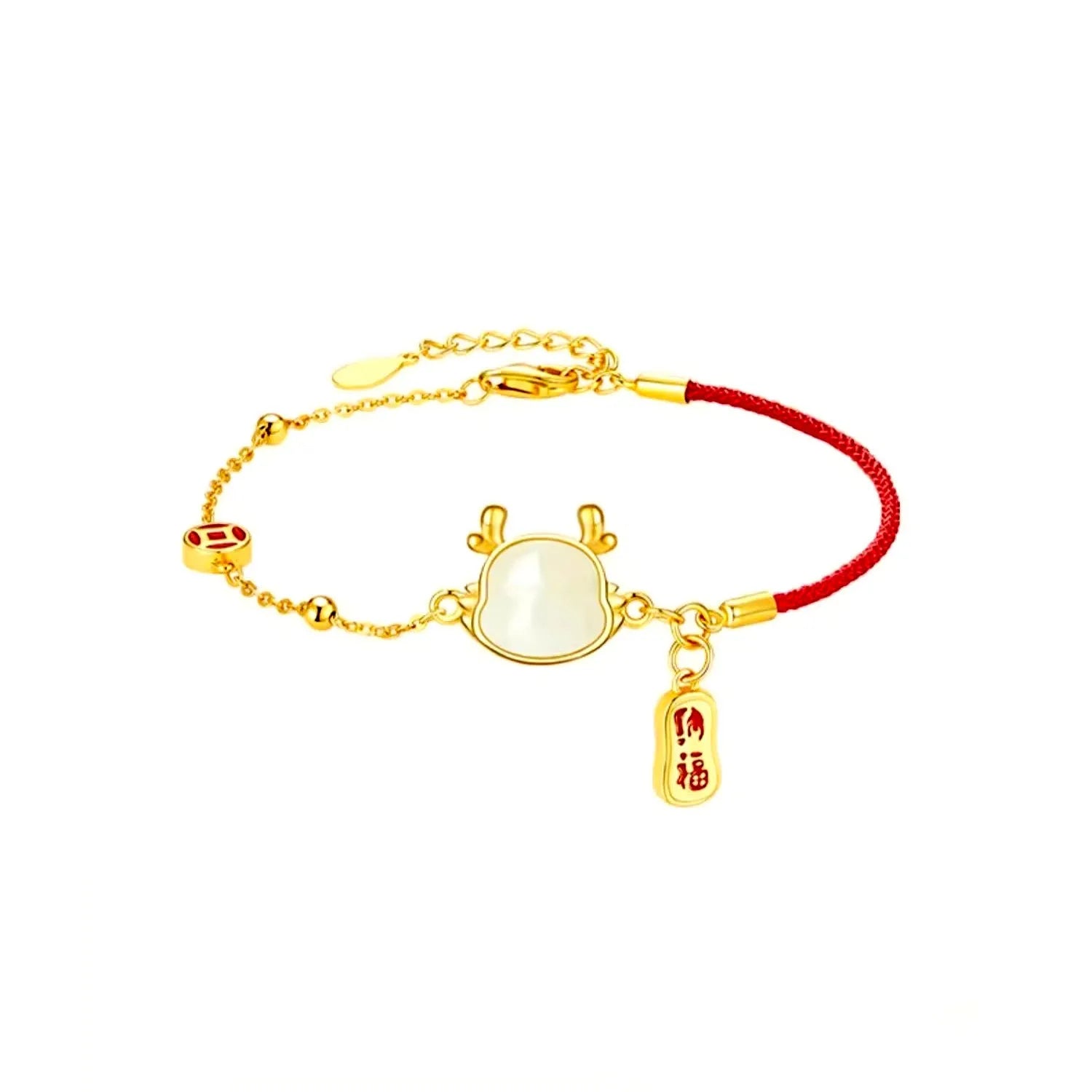 Silver-plated copper bracelet with a dragon zodiac pendant on a wrist.