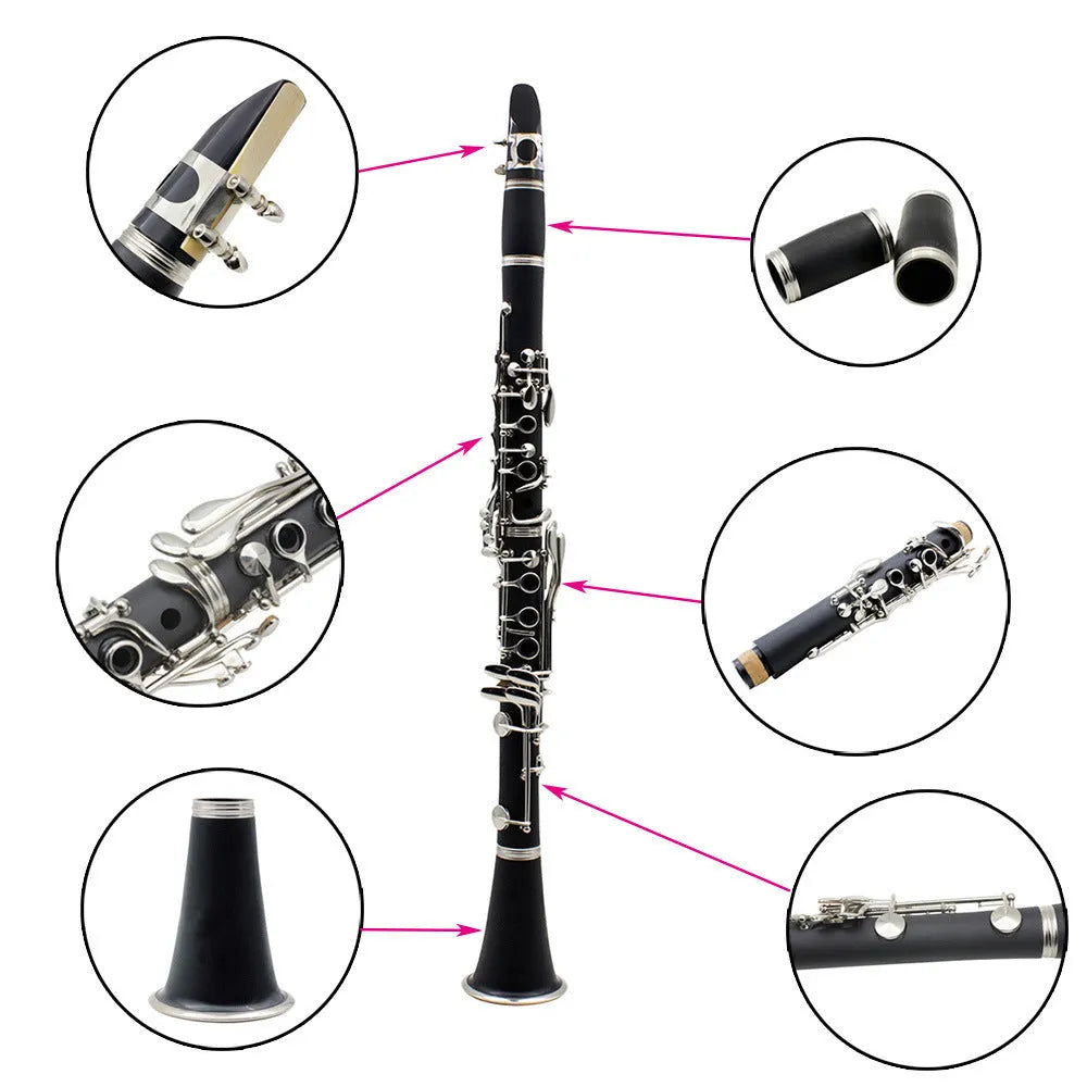 Black Bakelite clarinet with nickel-plated 17-key mechanism and carrying bag