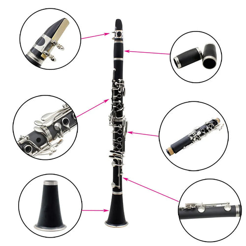 Black Bakelite clarinet with nickel-plated 17-key mechanism and carrying bag