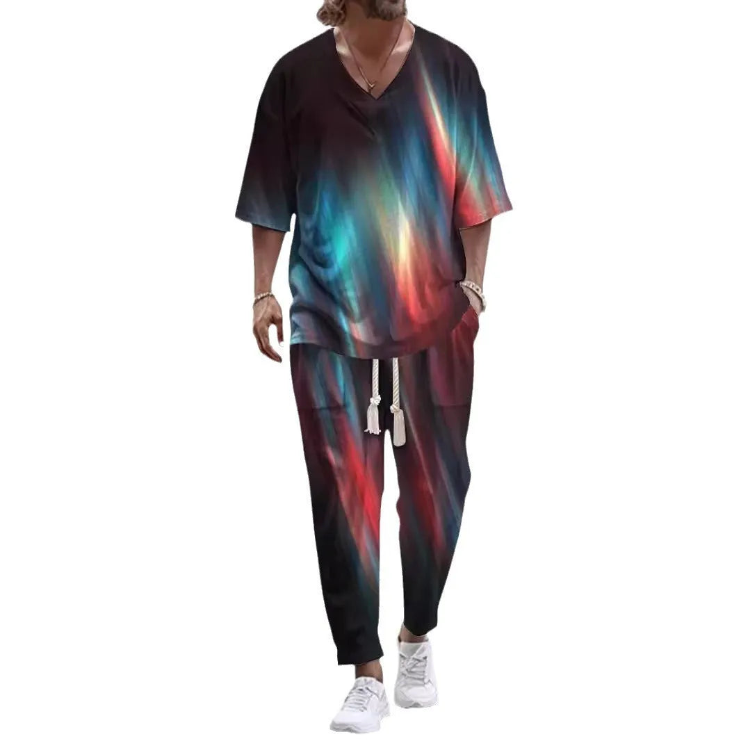 Cropped sleeves V-neck trousers suit in thin polyester fabric with matching top and pants