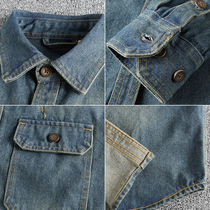 Men's light blue vintage washed denim shirt with long sleeves and loose fit
