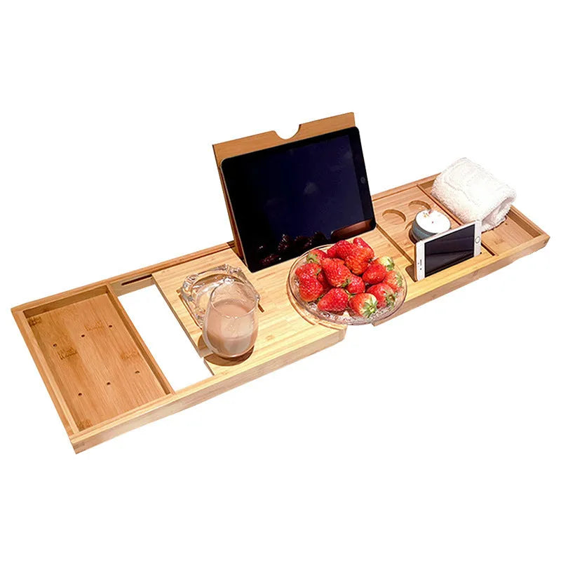 Bamboo retractable bathtub storage rack with single layer and European style finish on a white bathtub