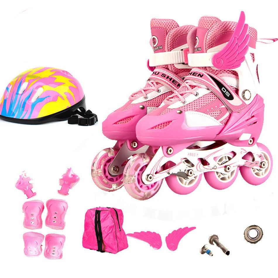 Adjustable children's roller skates in yellow with aluminium frame, PU foam wheels, and included helmet and protective gear.