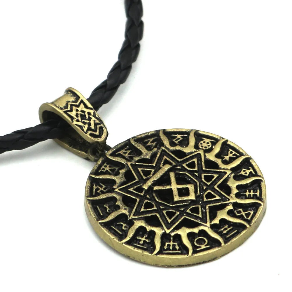 Lunavin ODing logo necklace pendant in antique silver or bronze finish with leather rope and snake bones chain options