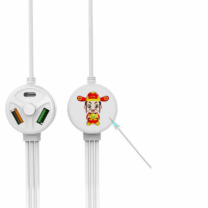 White universal phone charging cable with USB-C, Micro USB, and USB-A connectors on a 1.2m PVC cord.