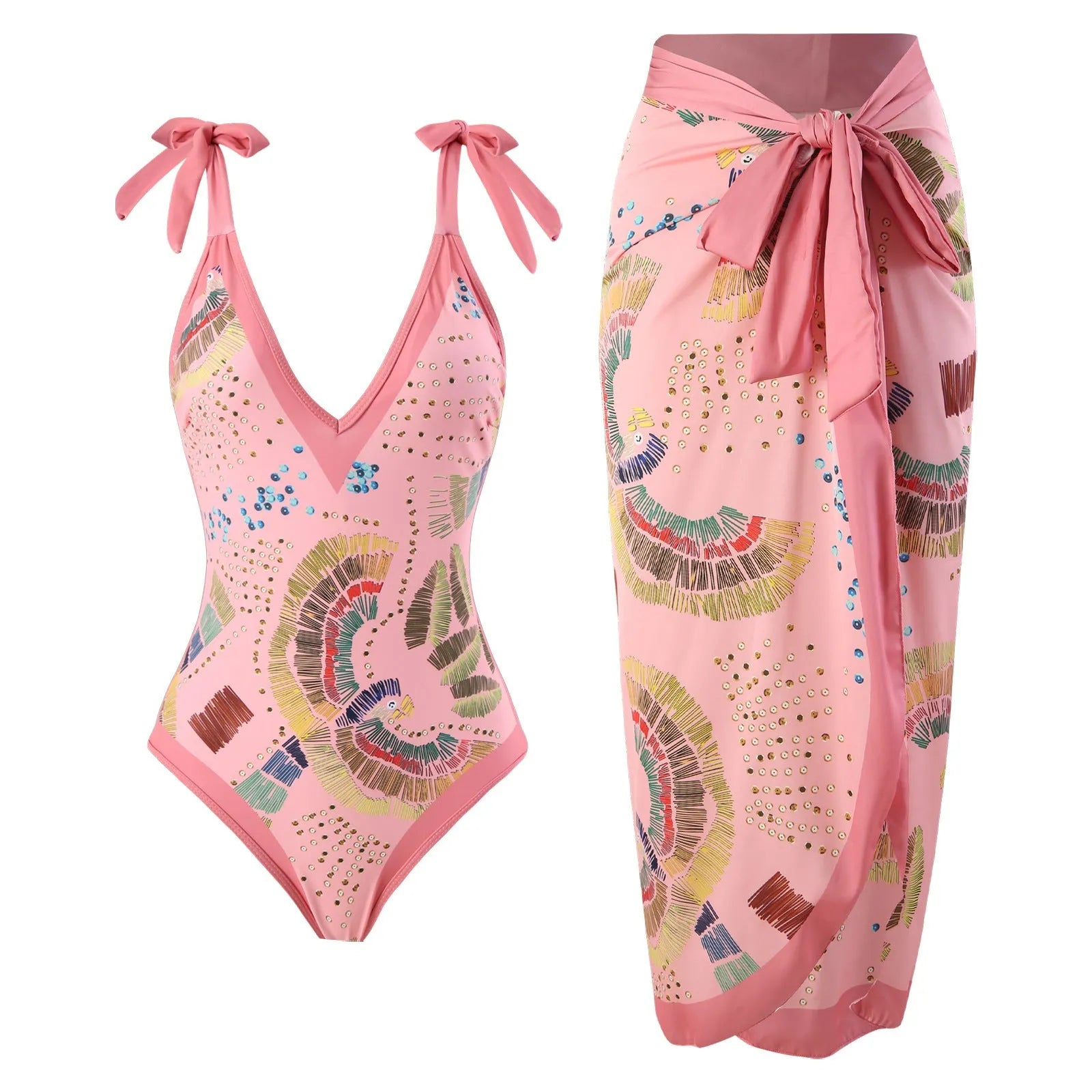 French retro one-piece backless swimsuit with matching gauze skirt in blue or pink colours