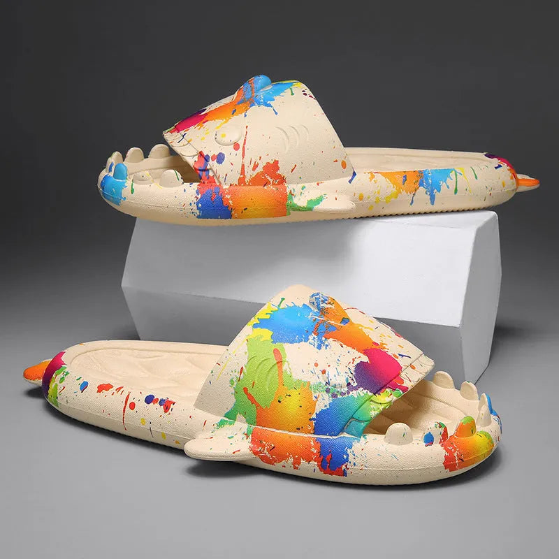 Casual open-toe shark design slippers in EVA material on a colour selection background.