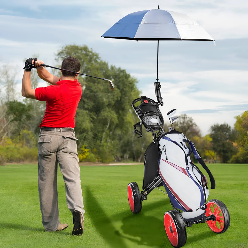 Foldable aluminium alloy golf trolley with black frame and red EVA wheels on grass