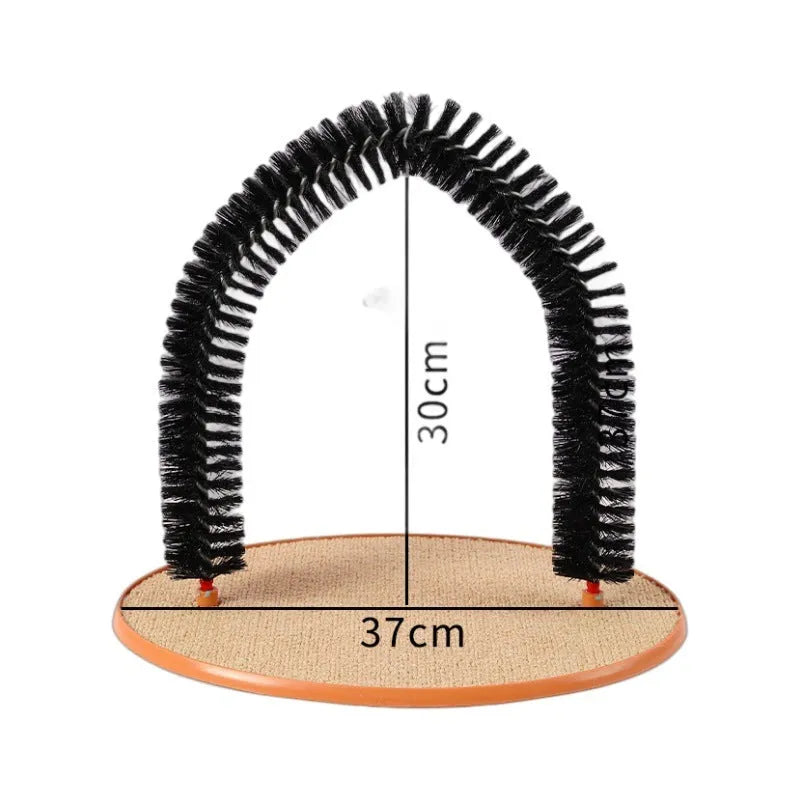 Black plastic arch-shaped cat grooming device with scratching cloth and attached mouse toy
