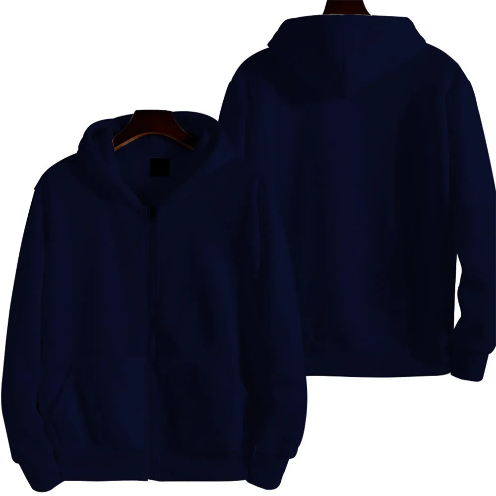 A man's loose fit solid colour zip-up sports jacket in a cardigan style.