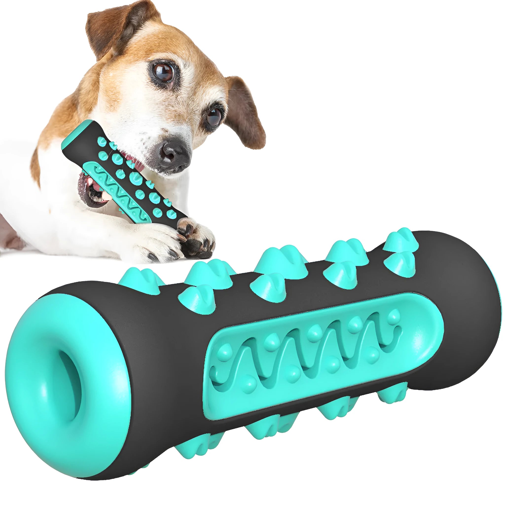 Natural rubber dog toothbrush chew toy in blue, showing textured surface for dental cleaning.