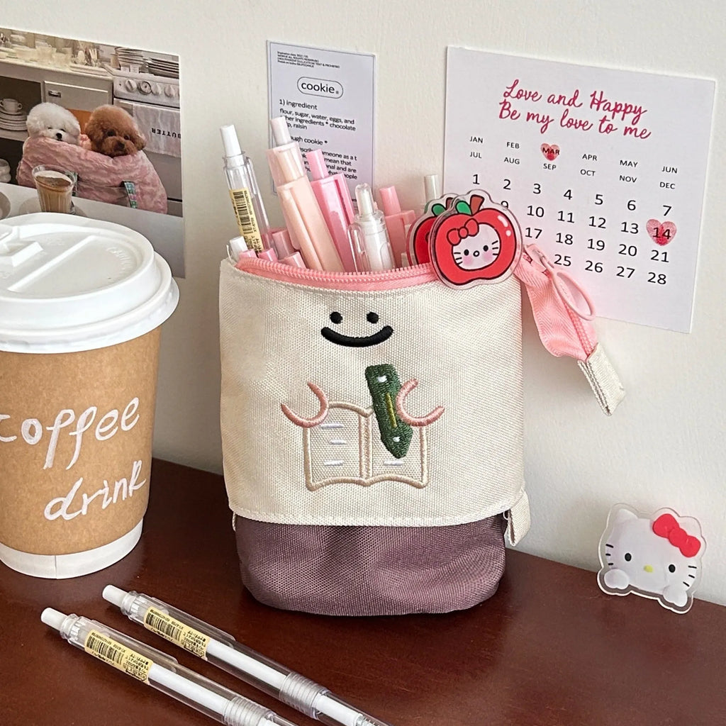 Brown Korean style cartoon collapsible pencil case with Oxford fabric 17x14cm dimensions
