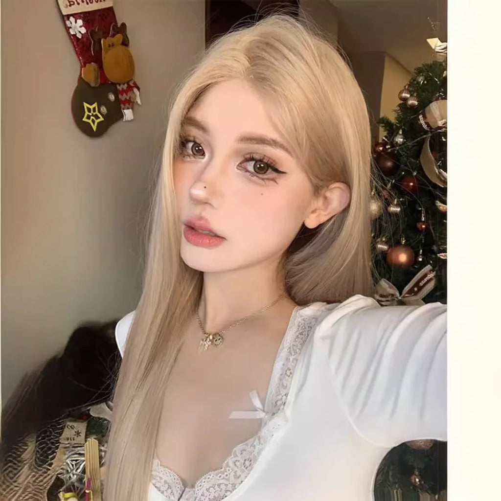 Full hair type women's long straight Milk Tea Gold wig on mannequin head with matching hair net