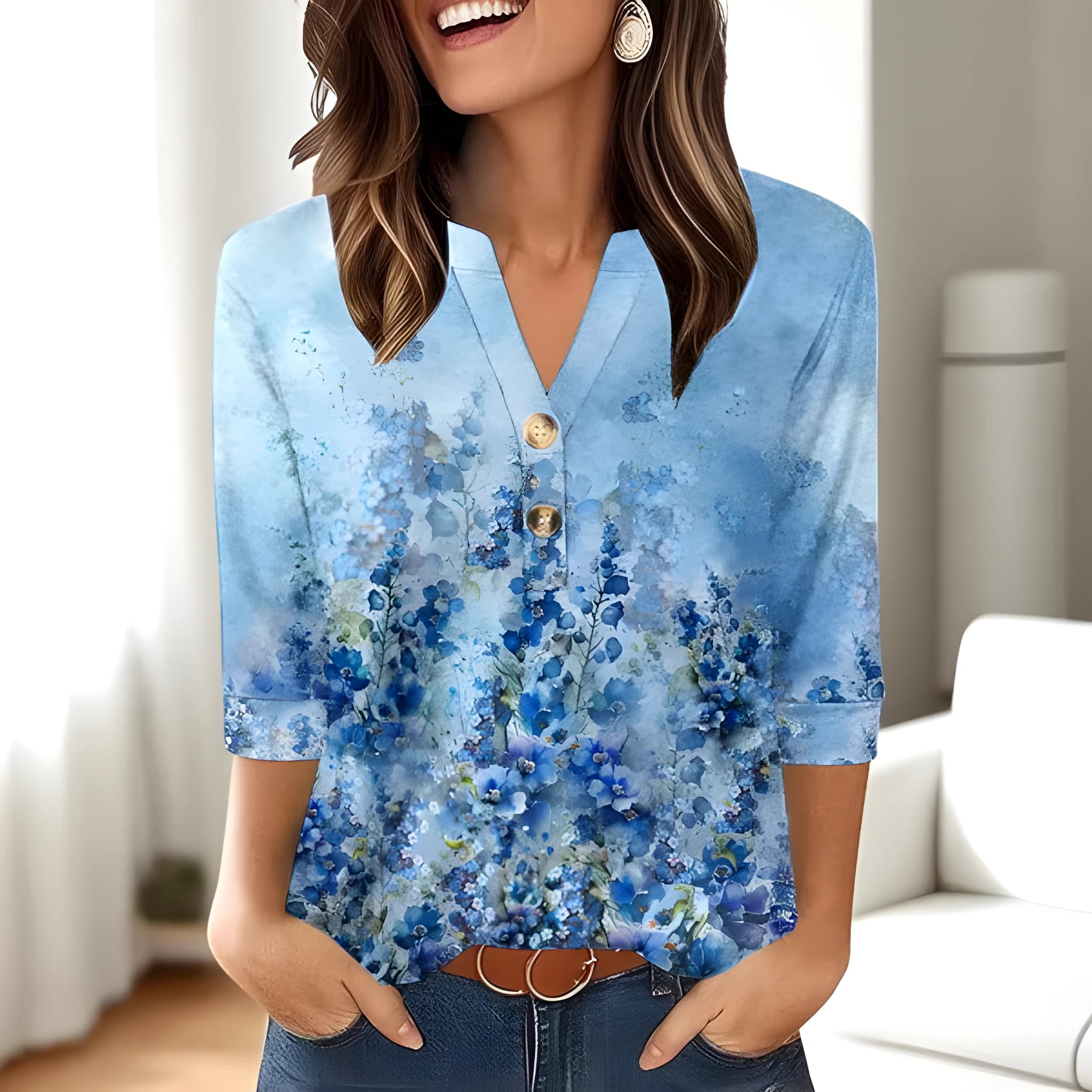 Women's loose-fit casual V-neck top with a 3D printed pattern in Japanese Korean style.