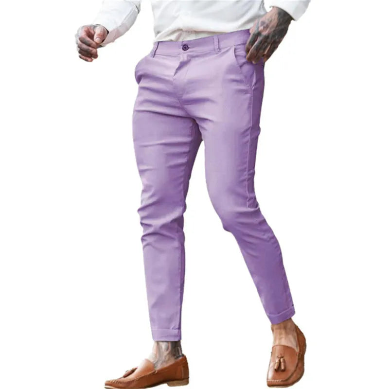 Men's high-stretch cotton-twill slim pencil trousers in solid colour, mid waist with zipper fly