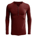 Men's solid blue long sleeved cotton blend t-shirt with a Henry neck, laid flat.
