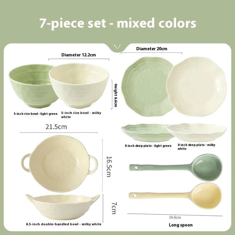 Seven-piece solid colour ceramic tableware set with matching dishes in gift box