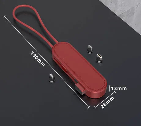 Three-in-one telescopic data cable extended to 0.35m showing Apple, Micro USB and Type-C connectors