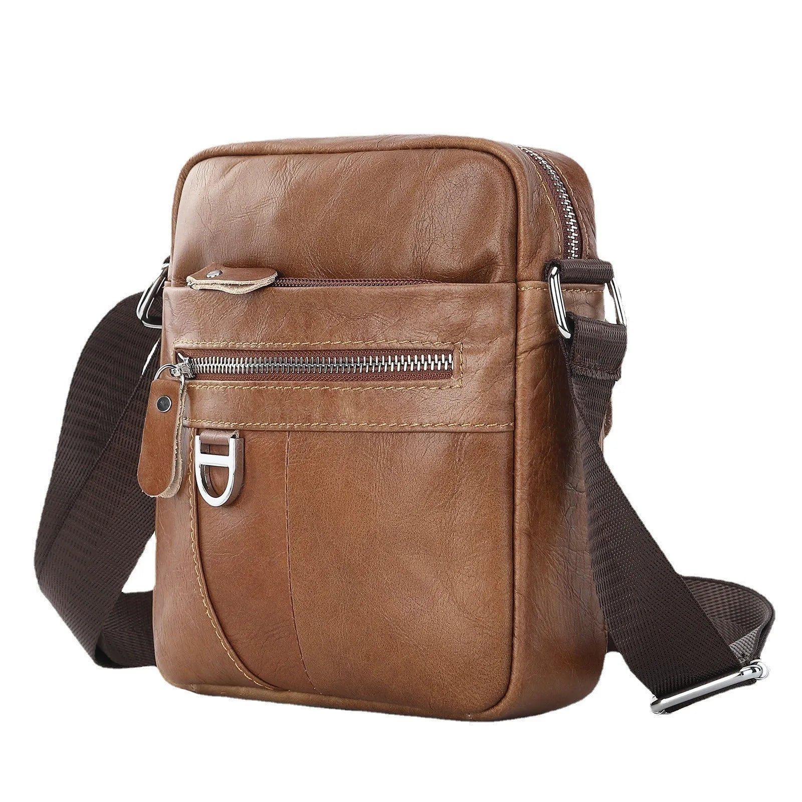 Black retro genuine leather shoulder messenger bag for boys with sewing line detailing