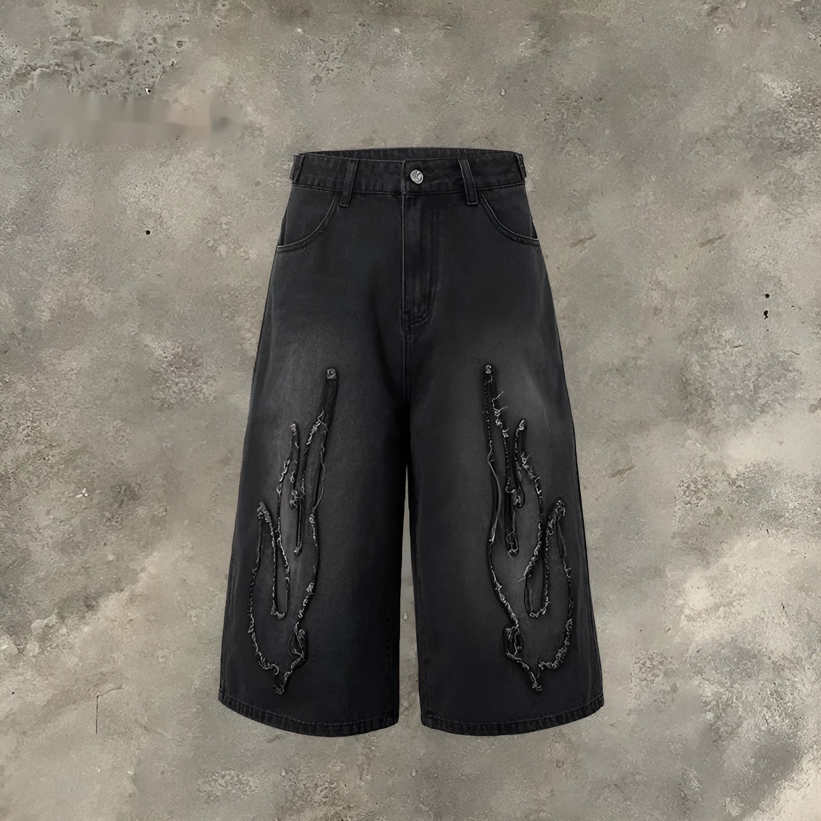Men's black denim shorts with flame embroidery patch, cropped straight leg style