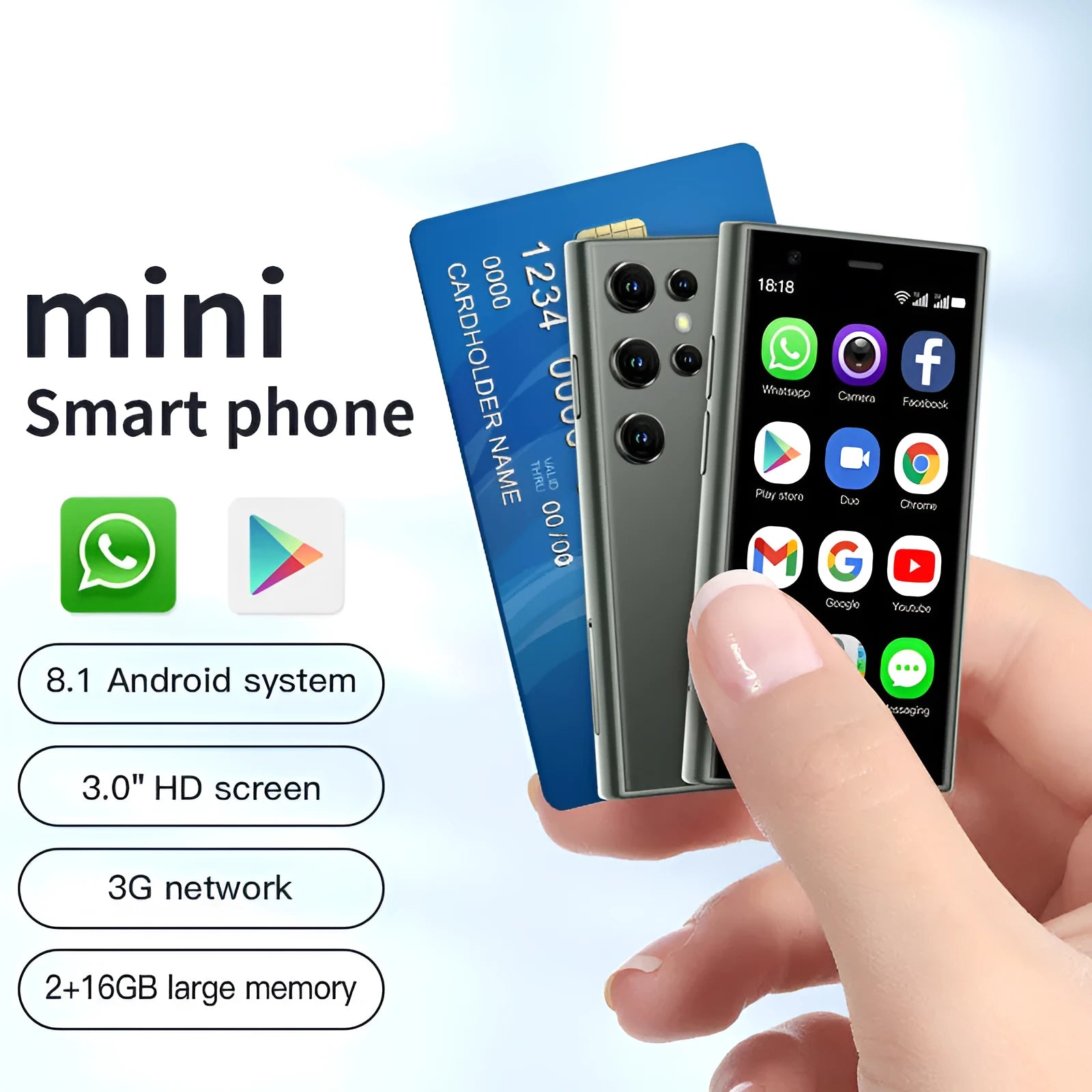 Mini Android smartphone with 3.0-inch screen in black, green or pink purple colours showing quad-core processor and 3G/WIFI connectivity