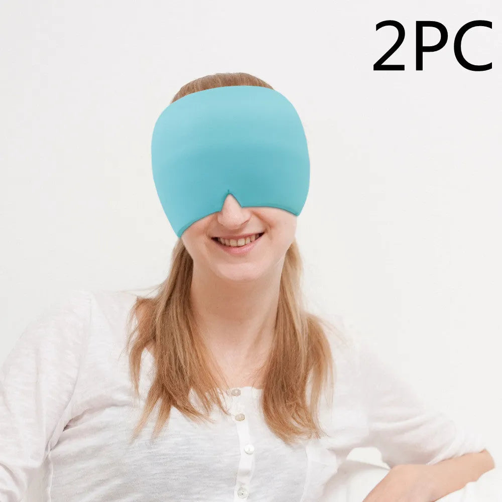 Black reusable ice gel headache relief eye mask on a white background.