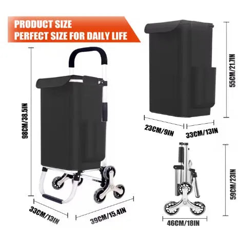 Foldable black shopping trolley bag with aluminium frame and 20cm caster wheels for shopping and camping