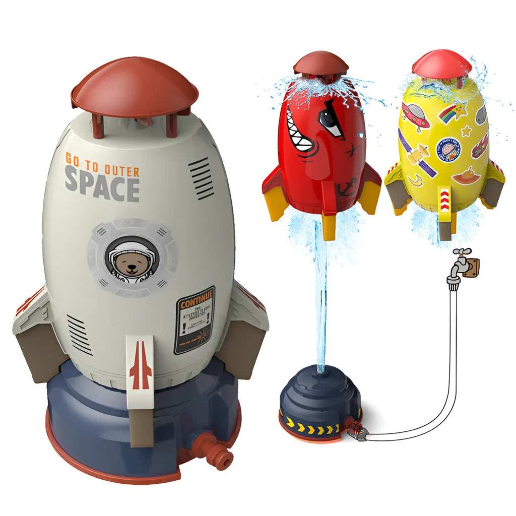 Water pressure powered rocket launcher toy with rotating sprinkler for outdoor garden use