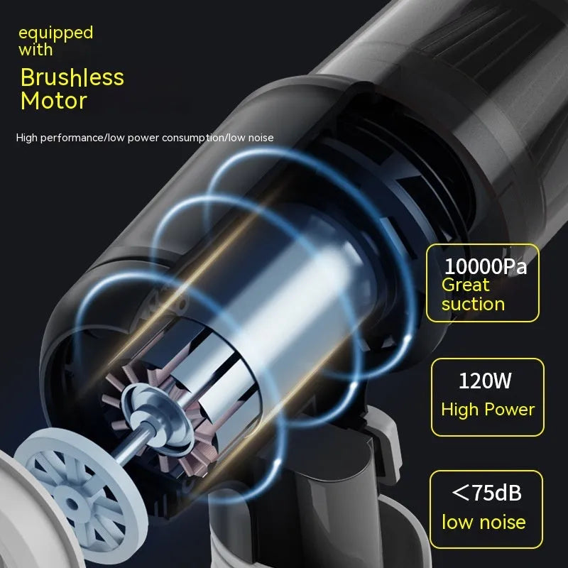 Black cordless handheld car vacuum cleaner with attached brush nozzle and charging cable.
