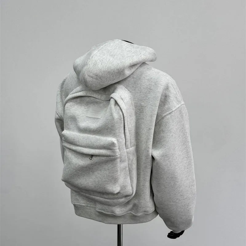 Men's light grey hooded sweatshirt with a schoolbag graphic printed on the back.