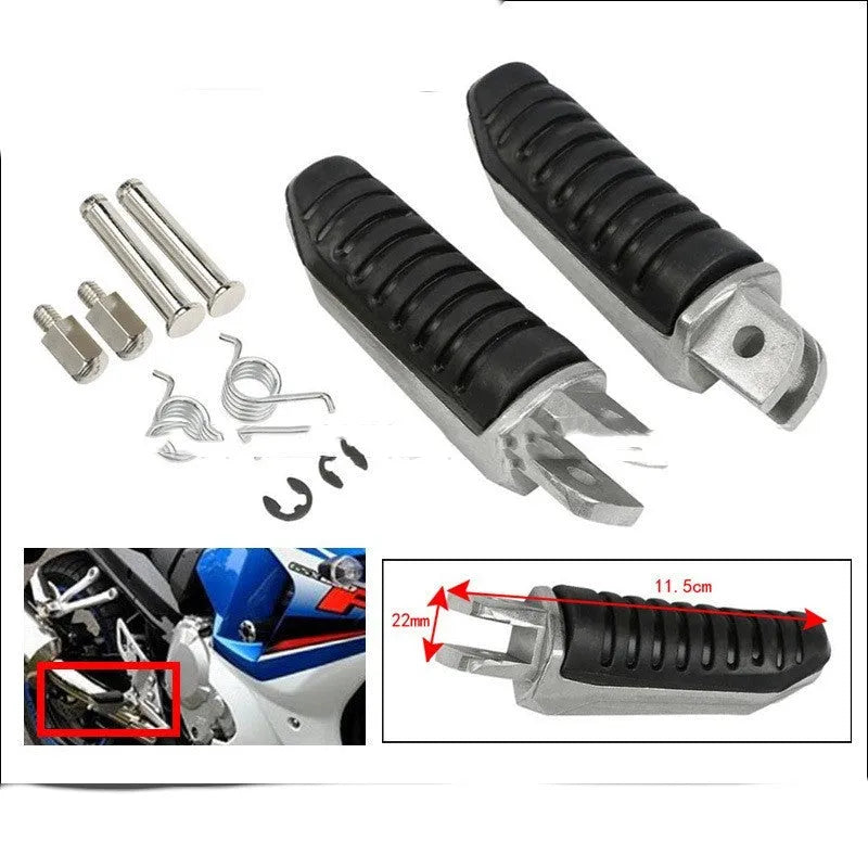 Black aluminium alloy motorcycle footpegs replacement set for Suzuki models.