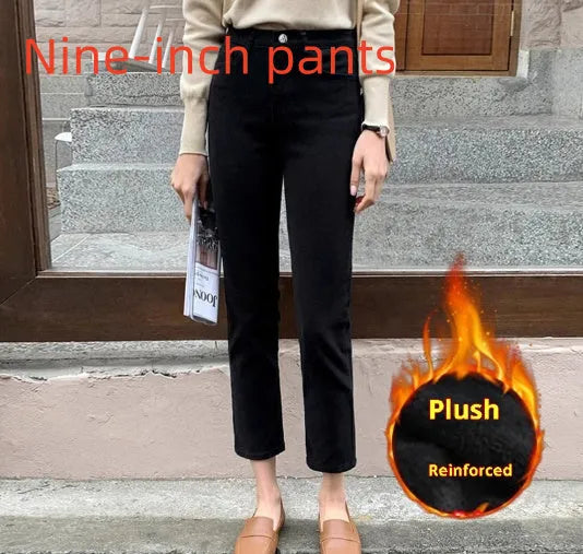 Black plus velvet smoke pipe jeans leggings with straight-leg cut and composite velvet finish for women