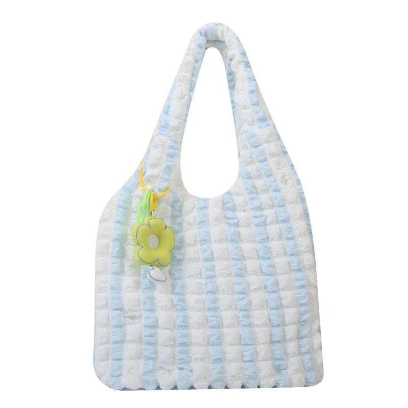 Women's pleated bubble shoulder bag in square vertical shape with three-dimensional pockets