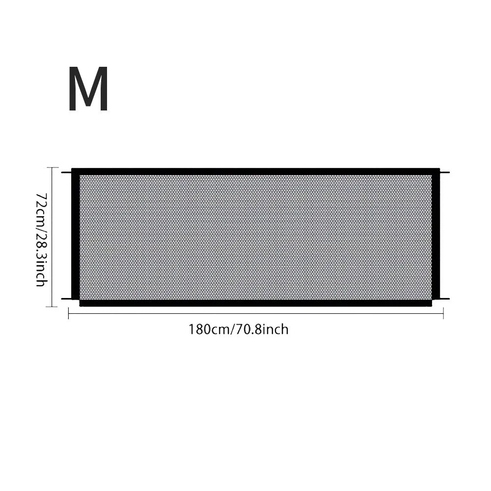 Foldable pet dog fence made of fibreglass mesh for indoor use, no drilling required, with hooks for doorway installation
