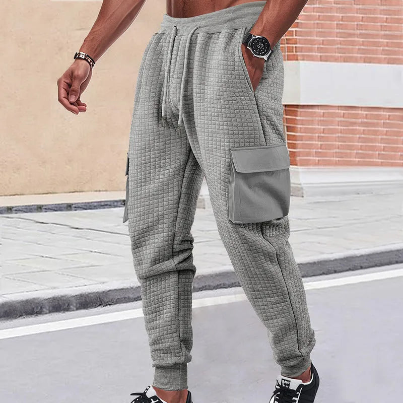 Men's thickened jacquard small check sweatpants with drawstring waist and belt, loose cargo style