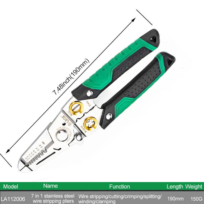 Stainless steel 7-in-1 wire stripper tool with two-colour ABS handle and precision apertures