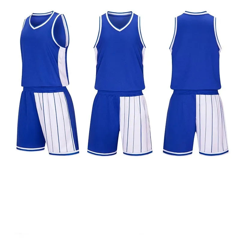 Men's quick-dry basketball uniform set in blue, includes a sleeveless top and matching shorts.