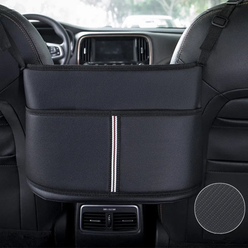 Black leather car seat net pocket storage bag with carbon fiber pattern, 38x24x15cm, placed on a car seat