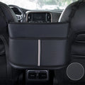 Black leather car seat net pocket storage bag with carbon fiber pattern, 38x24x15cm, placed on a car seat
