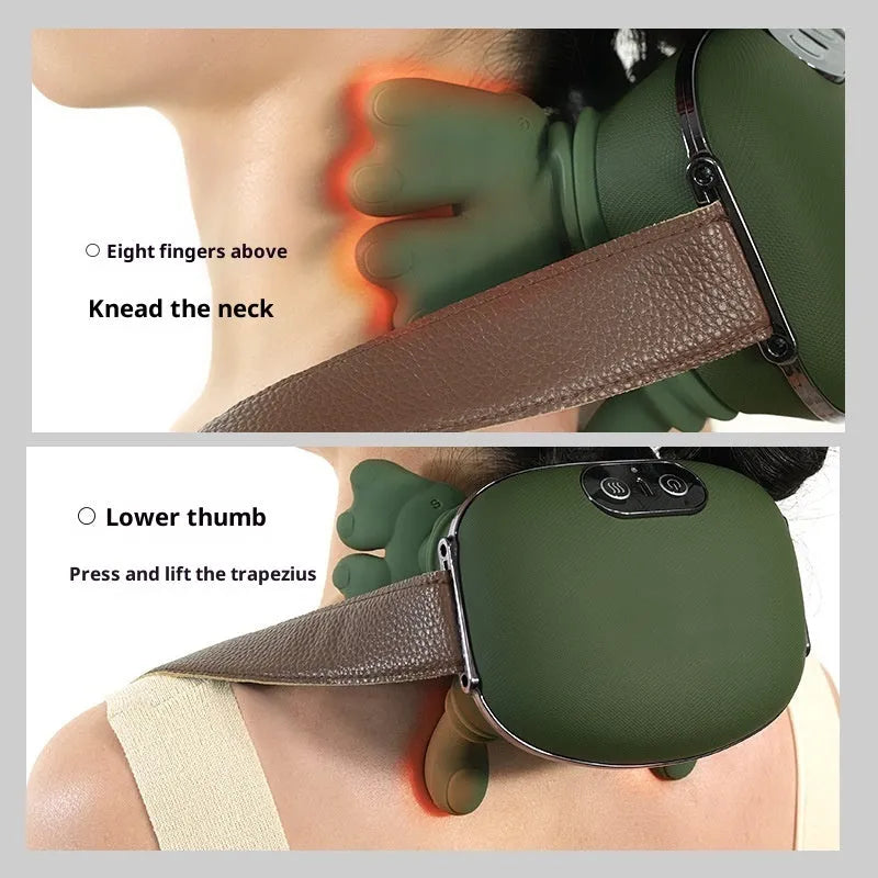 Rechargeable trapezius neck hand shoulder massager in green silicone paint with multi-mode and heat