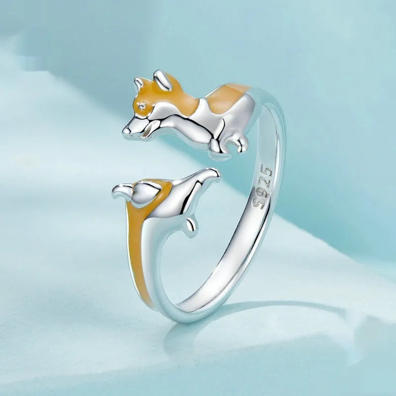 Silver corgi pet ring with cartoon design and adjustable band in SCR1014-E colour.