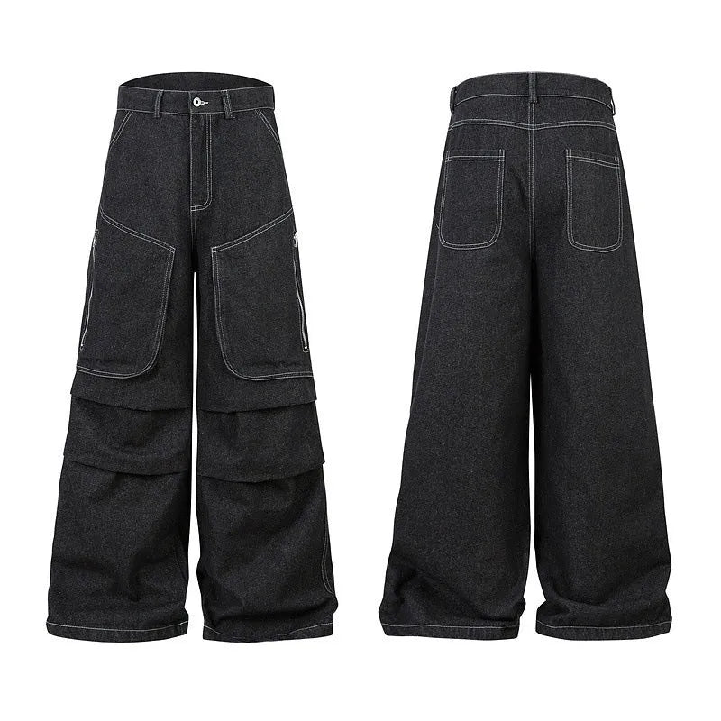 Black multi-pocket pleated workwear jeans in cotton denim fabric