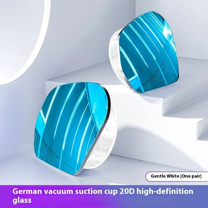 Pair of small circular car mirrors with 360-degree suction cup mount in black, white, and silver