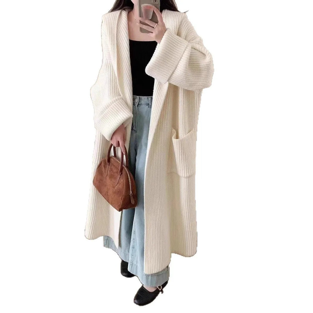 Women's loose hooded acrylic cardigan coat with raglan sleeves in milky white colour